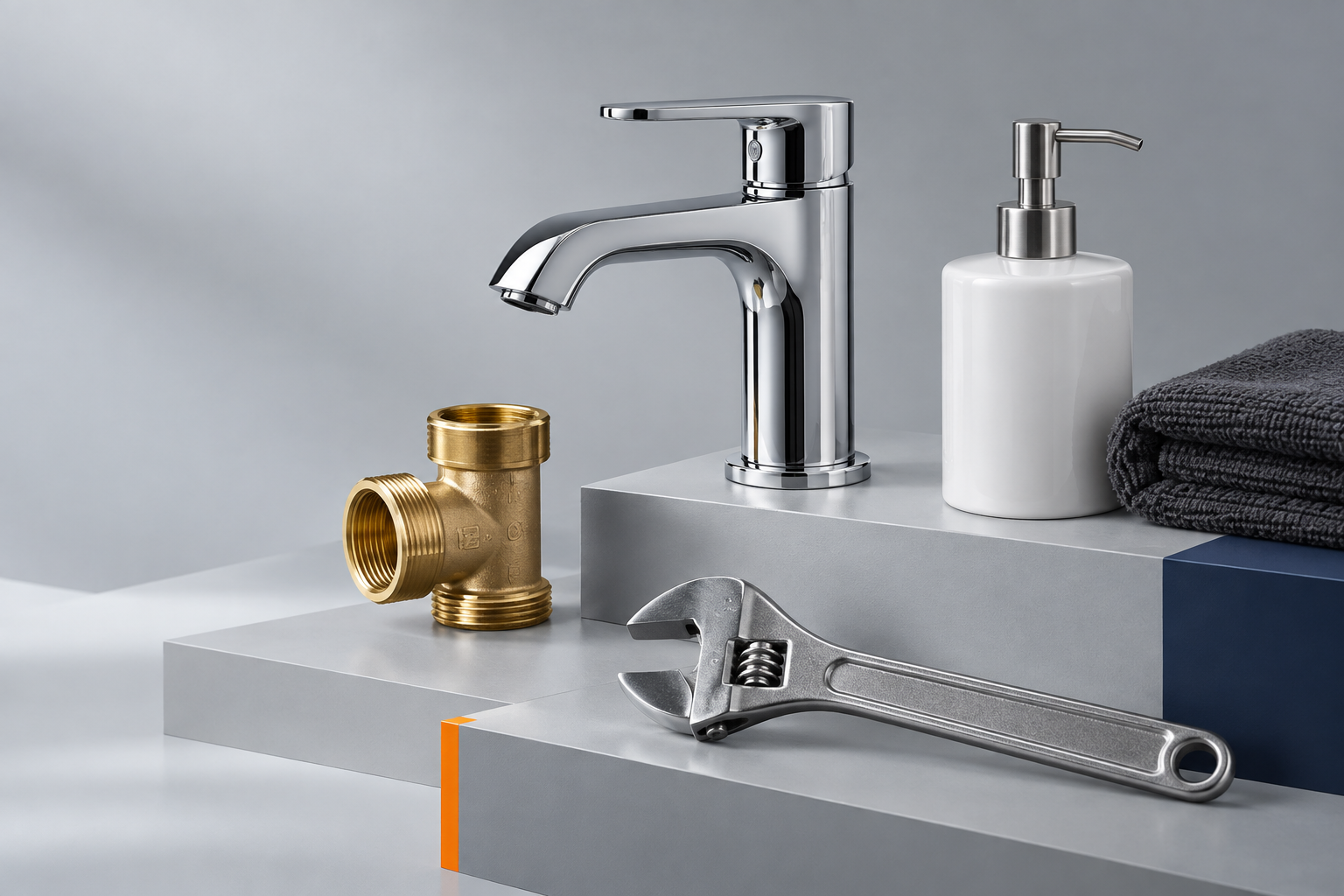 Illustrative arrangement of a faucet, pipe fitting, wrench and household items